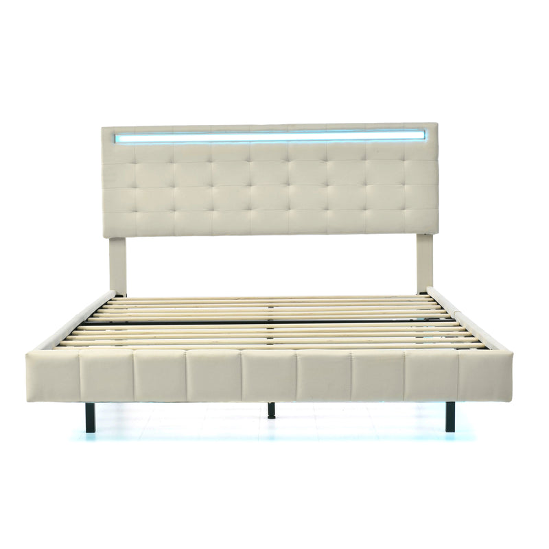 Queen Size Floating Bed Frame with LED Lights and USB Charging,Modern Upholstered Platform LED Bed Frame,Beige