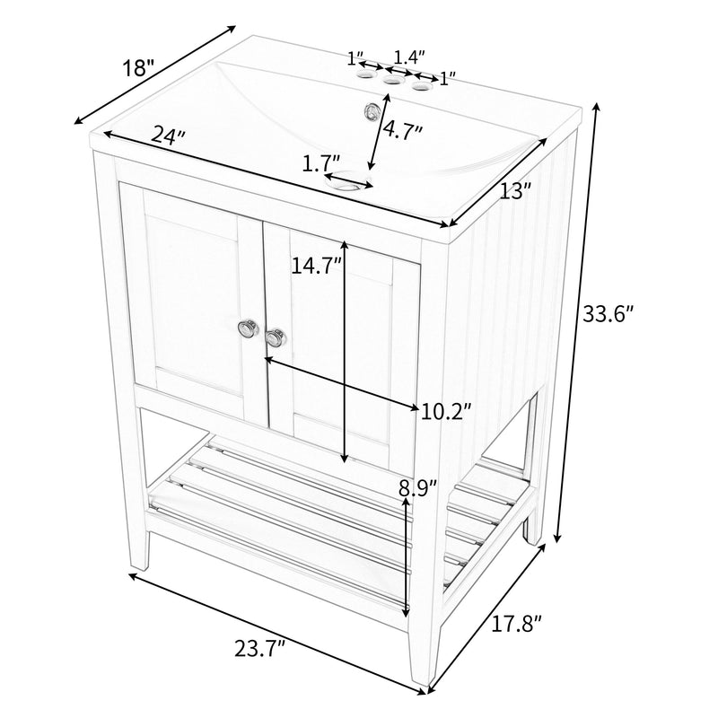 Modern Sleek Bathroom Vanity Elegant Ceramic Sink With Solid Wood Frame Open Style Shelf - White