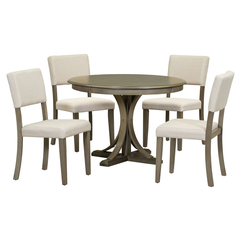 Retro Round Dining Table Set With Curved Trestle Style Table Legs And Upholstered Chairs For Dining Room