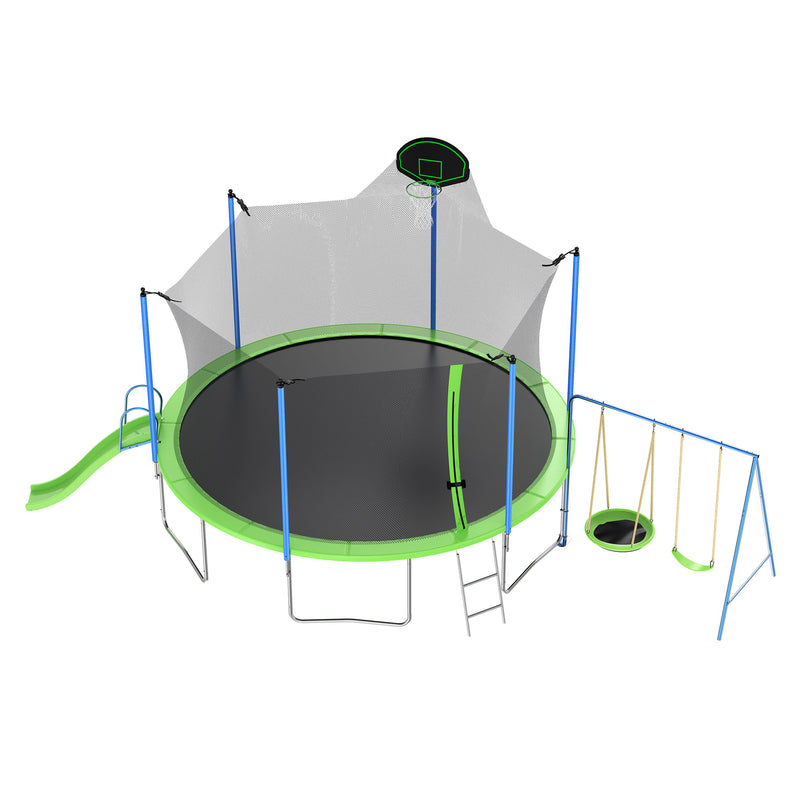 12Ft Trampoline With Slide And Swings, Astm Approved Large Recreational Trampoline With Basketball Hoop And Ladder, Outdoor Backyard Trampoline With Net, Capacity For Kids And Adults - Green / Blue