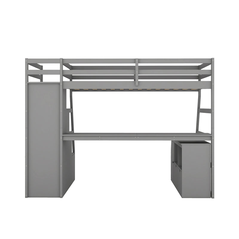 Twin Size Loft Bed with 7 Drawers 2 Shelves and Desk - Gray