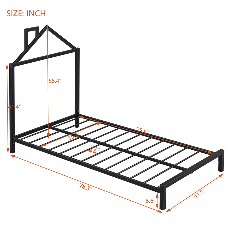 Twin Size Metal Platform Bed With House-Shaped Headboard Design