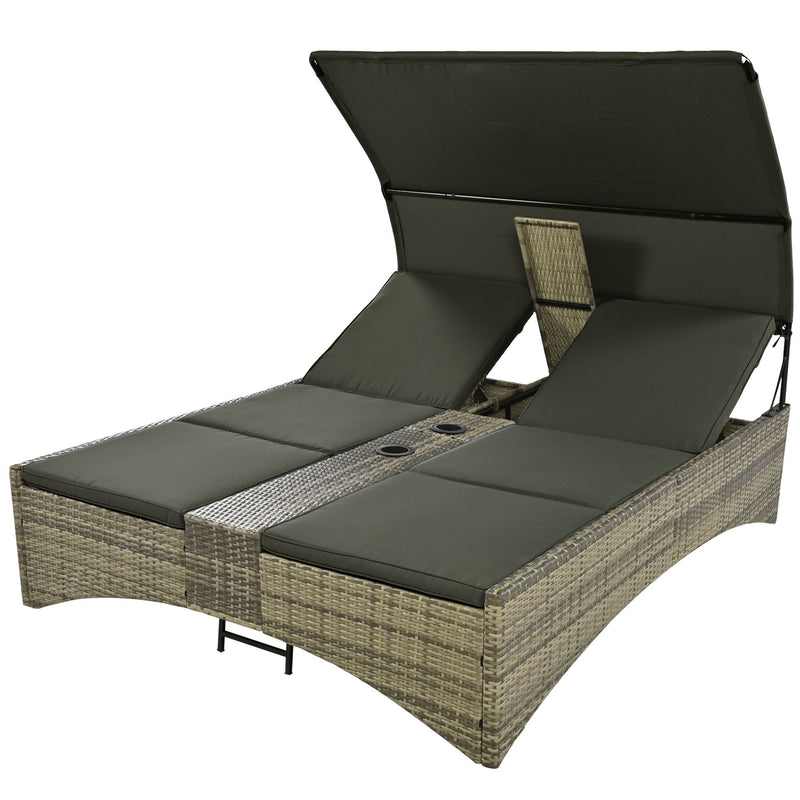 Patio Daybed Outdoor Daybed Sun Lounger With Shelter Roof With Adjustable Backrest, Storage Box And 2 Cup Holders For Patio, Balcony, Poolside