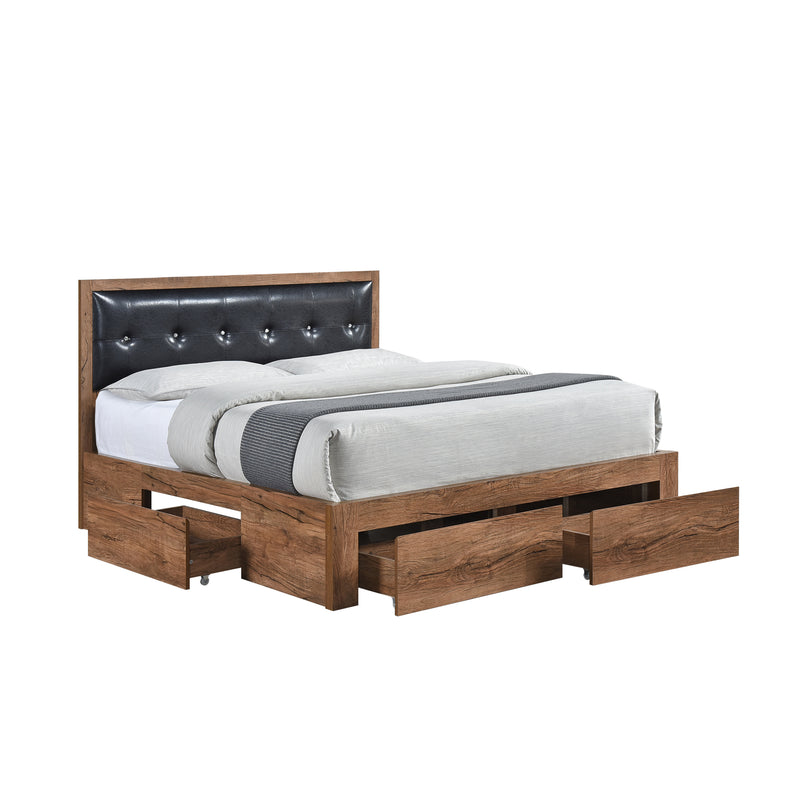 Queen Size Wood Platform Bed with Upholstered Headboard and 4 Drawers