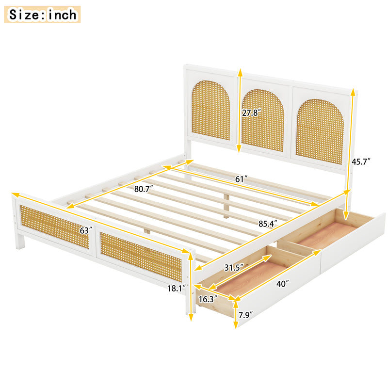 Queen Size Wood Storage Platform Bed with 2 Drawers, Rattan Headboard and Footboard, White