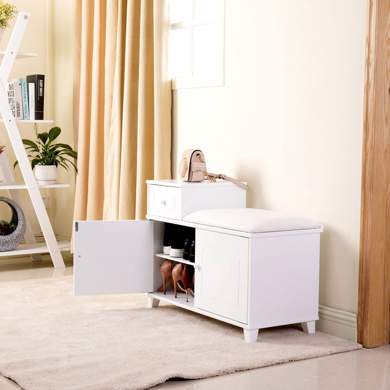 Shoe Storage Bench Cabinet With Fireproof PU Cushion, Double Doors And Movable Drawer For Door Entrance - White