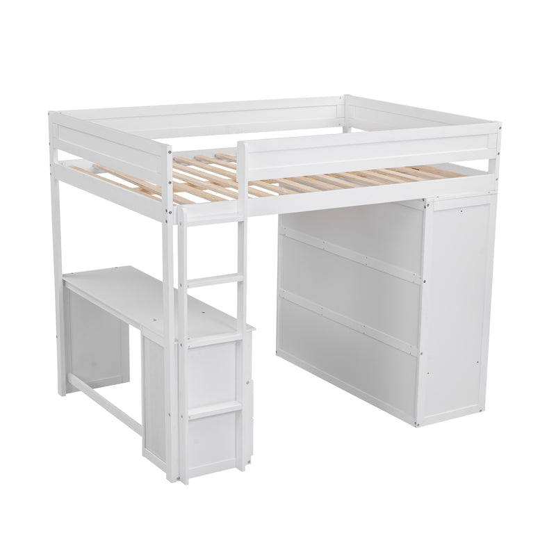 Wood Full Size Loft Bed with Wardrobes and 2-Drawer Desk with Cabinet, White