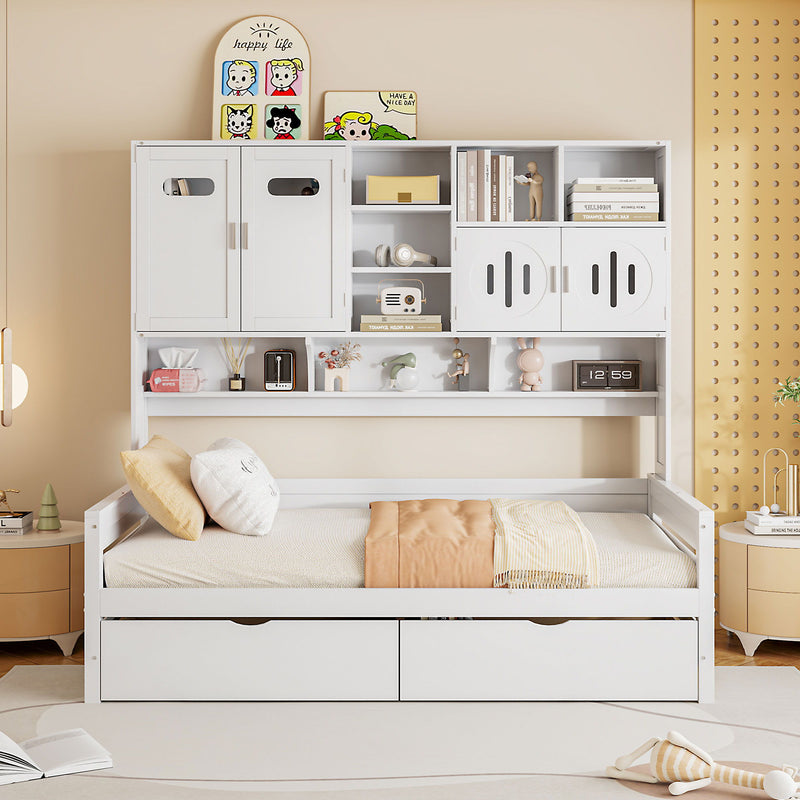 Wooden Daybed With 2 Drawers, And All-In-One Cabinet And Shelf