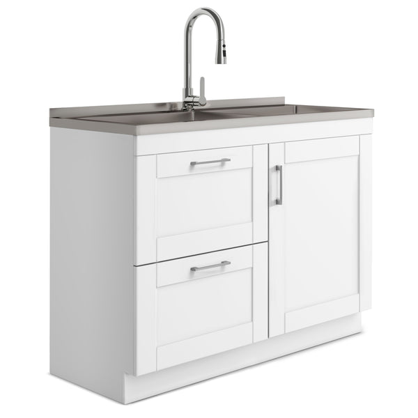 Shaker - Modern Wide Laundry Cabinet With Faucet And Stainless Steel Sink - White