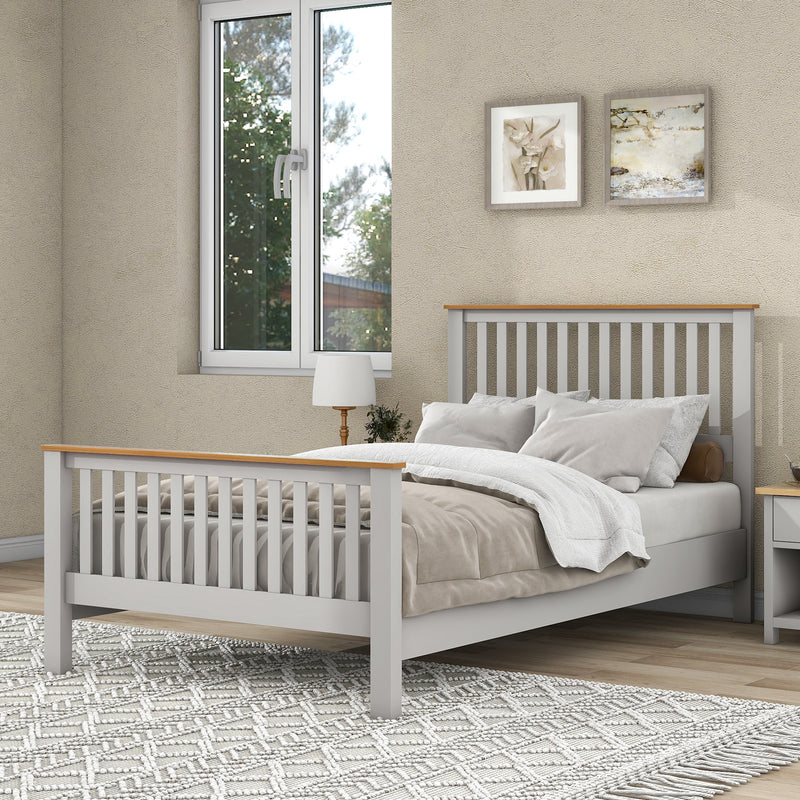 Country Style Concise Gray Solid Platform Bed with Oak Top, No Box Spring Needed, Full