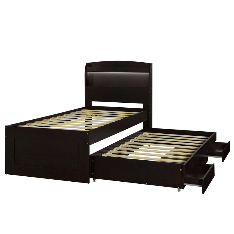 Twin XL Size Platform Bed with Storage LED Headboard, Charging Station, Twin Size Trundle and 2 Drawers, Dark Brown