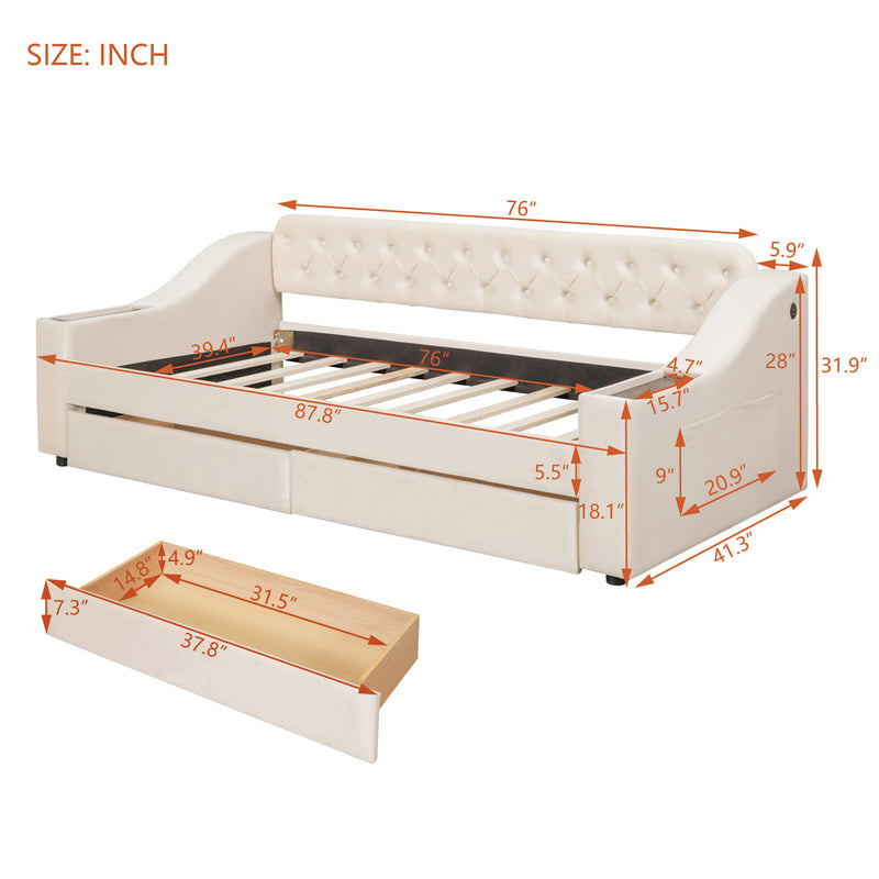 Twin Size Upholstered Daybed with Storage Armrests and USB Port, Beige