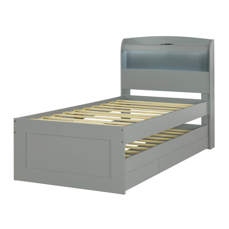 Twin XL Size Platform Bed with Storage LED Headboard, Charging Station, Twin Size Trundle and 2 Drawers, Gray