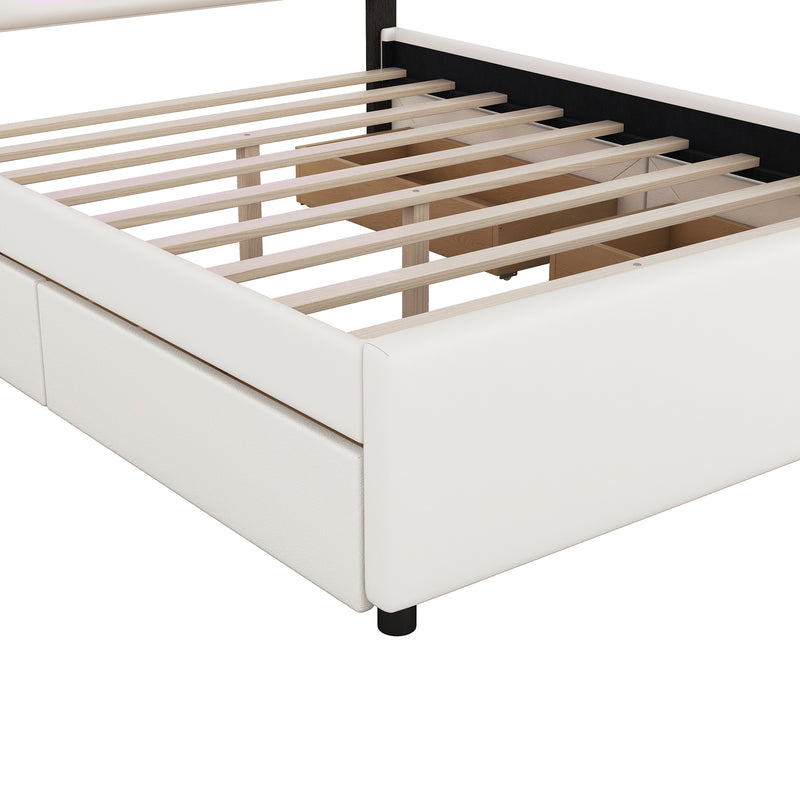 Queen Size Upholstered Storage Platform Bed with LED, 4 Drawers and USB Charging, White