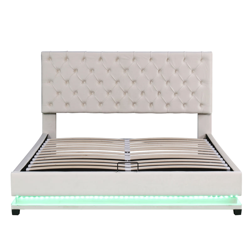 Queen Size Storage Upholstered Platform Bed with Adjustable Tufted Headboard and LED Light, Beige