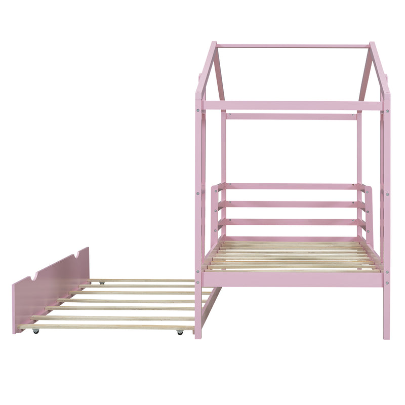 Twin Size Wood House Bed with Fence and Writing Board,Pink