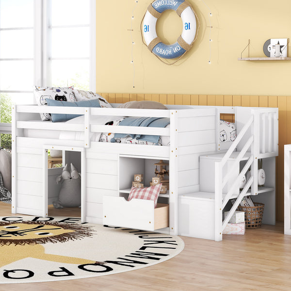 TWIN BED, SOLID WOOD TWIN SIZE LOW LOFT BED WITH STAIR, DRAWER, AND SHELF OF WHITE COLOR