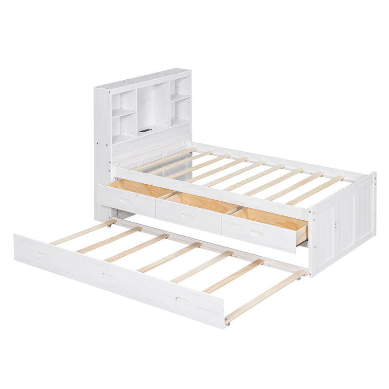 Twin Size Platform Bed with Storage Headboard, Charging Station, Twin Size Trundle and 3 Drawers, Antique White