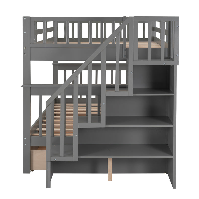 Stairway Full-Over-Full Bunk Bed with Drawer, Storage and Guard Rail for Bedroom, Gray color( old sku: LP000310AAE )