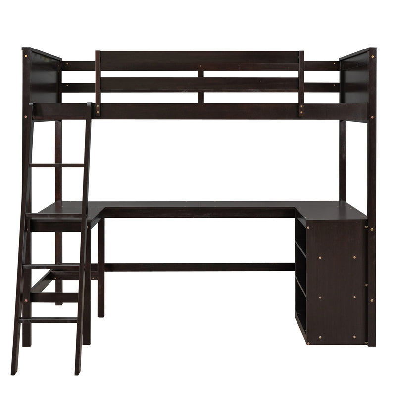 Twin size Loft Bed with Shelves and Desk, Wooden Loft Bed with Desk - Espresso(OLD SKU:LT000537AAP)