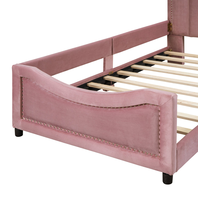 Twin Size Upholstered Daybed with Classic Stripe Shaped  Headboard, Pink