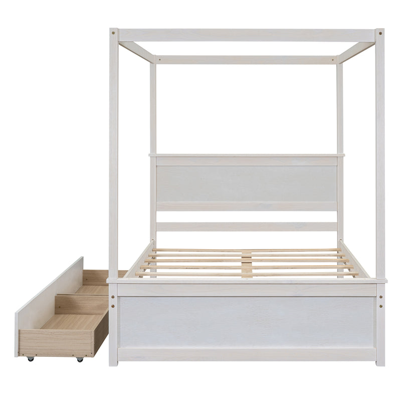 Wood Canopy Bed with two Drawers, Full Size Canopy Platform bed With Support Slats .No Box Spring Needed, Brushed White