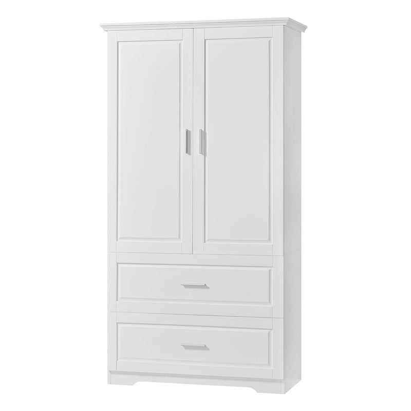 Tall Bathroom Storage Cabinet, With Two Doors And Drawers, Adjustable Shelf, MDF Board - White