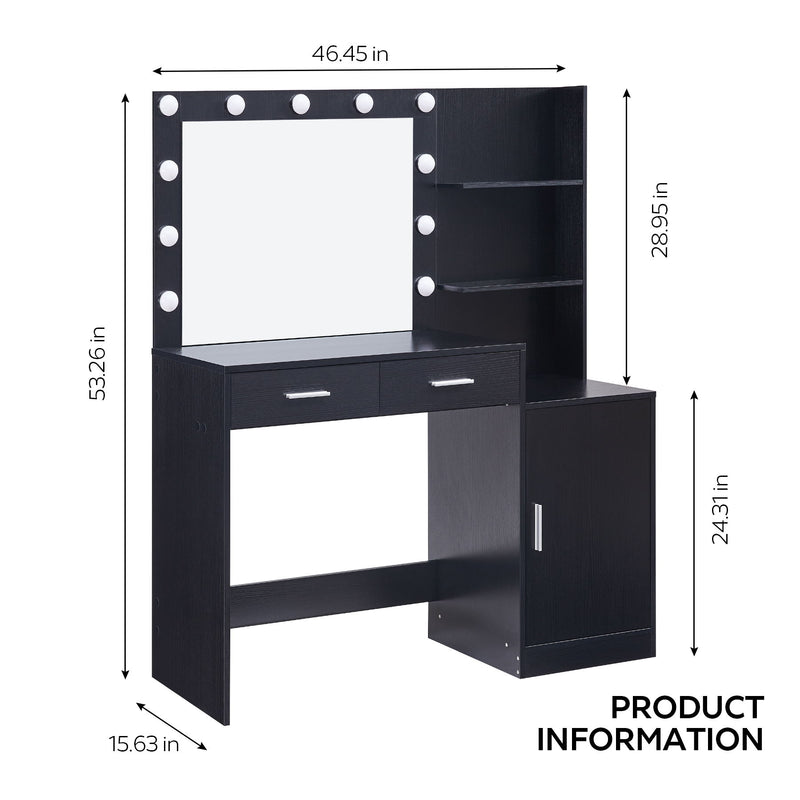 Vanity Desk With Mirror And Lights, 46.4In Dressing Table With 2 Large Drawer & Large Vertical Organizer, 3 Level Dresser & 3 Lighting Modes Adjustable Brightness, Suitable For Bedroom