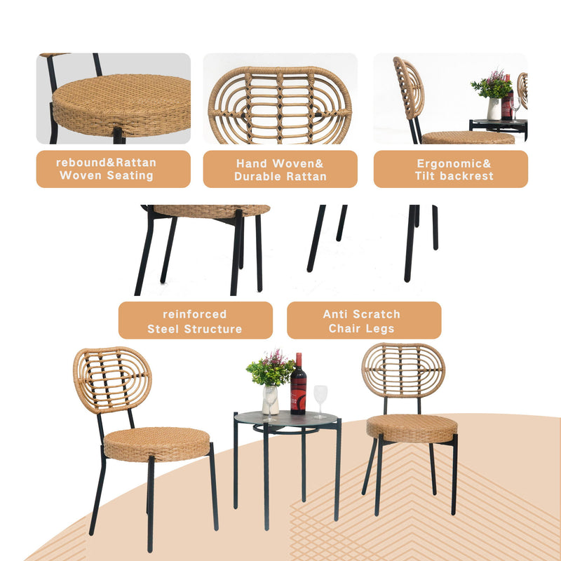 3 Pieces Of Luxury Outdoor Wicker Furniture Patio Bistro Style Table And Chair Combination, Weather Resistant PE Wicker Weave, Suitable For Garden - Black / Natural