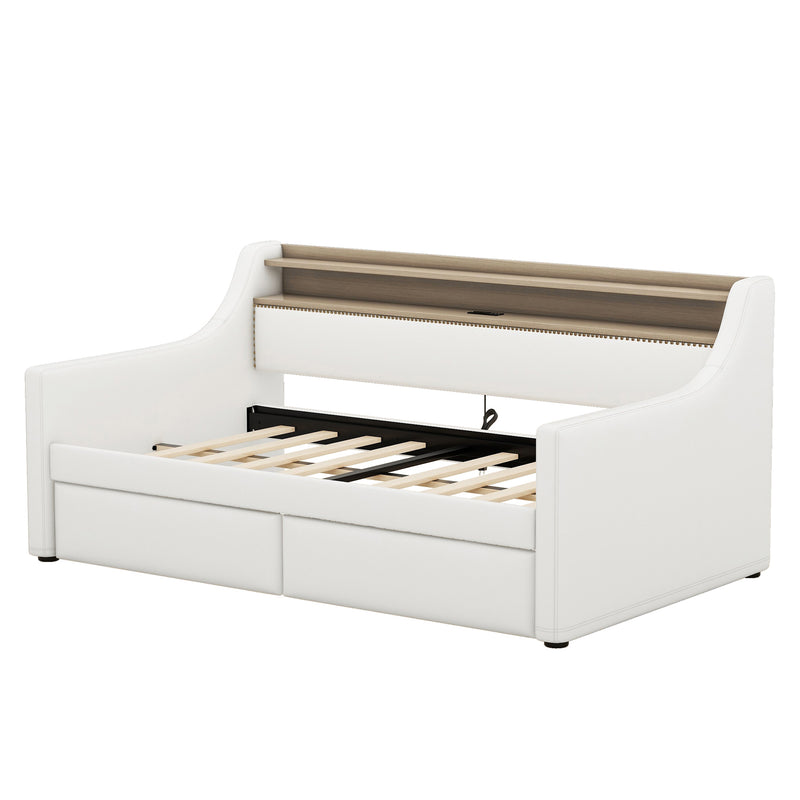 Twin Size Daybed with Storage Drawers, Upholstered Daybed with Charging Station and LED Lights, White(Expect arrival date May, 9th