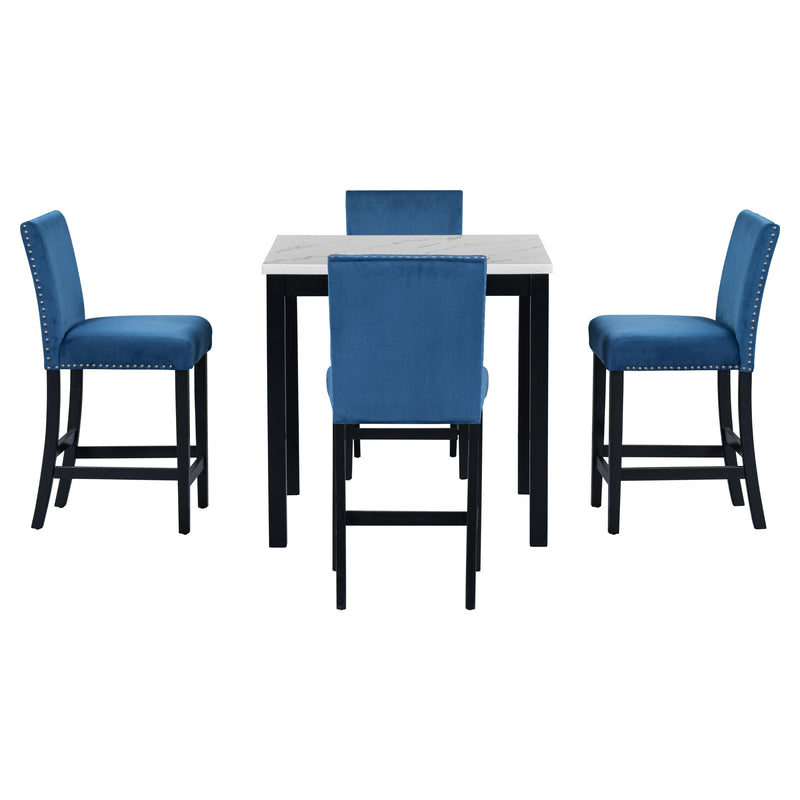 5-Piece Counter Height Dining Table Set With One Faux Marble Top Dining Table And Four Velvet Upholstered Chairs