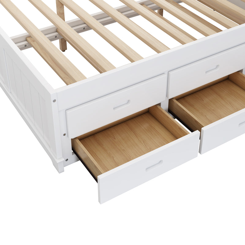 Solid Pine Captain Bookcase Bed with Trundle Bed and 3 Spacious Under Bed Drawers in Casual,Full, White+Walnut