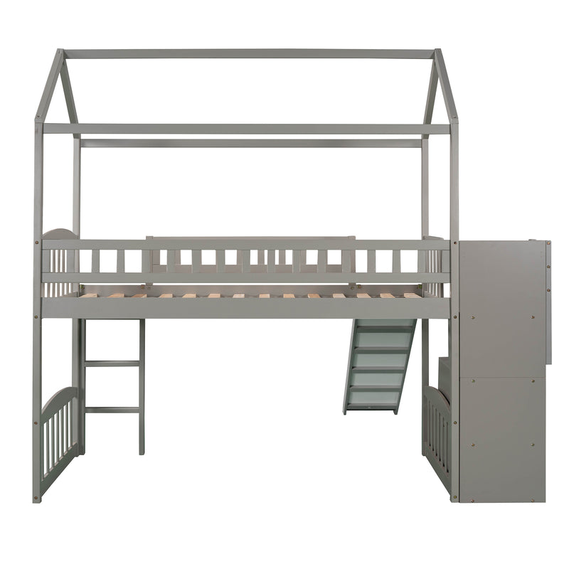 Twin Loft Bed with Two Drawers and Slide, House Bed with Slide, Gray (Old SKU: LP000130AAE)