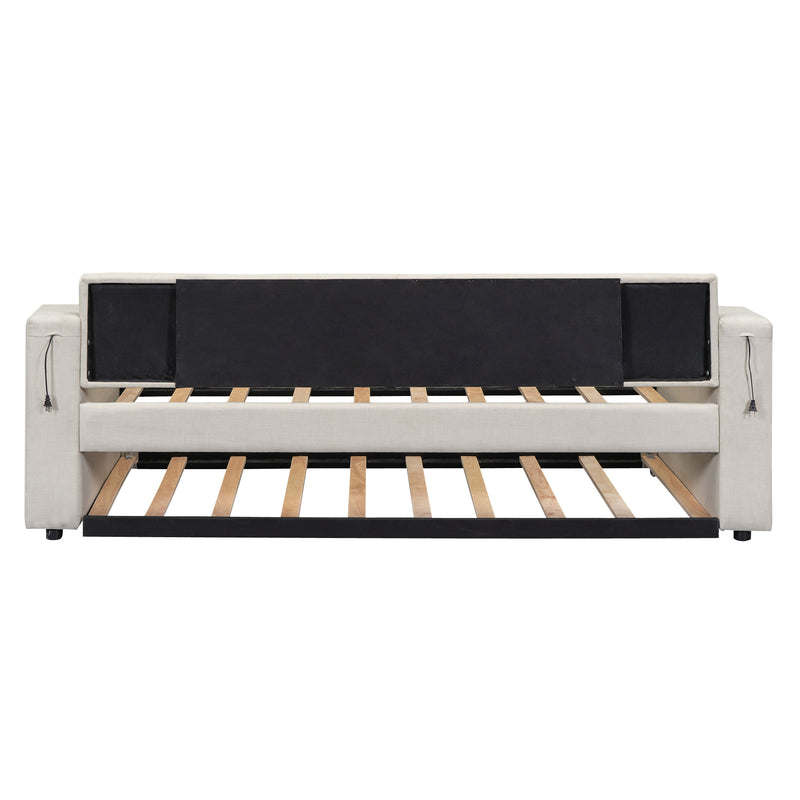 Twin Size Upholstery Daybed with Storage Arms, Trundle and USB Design, Beige