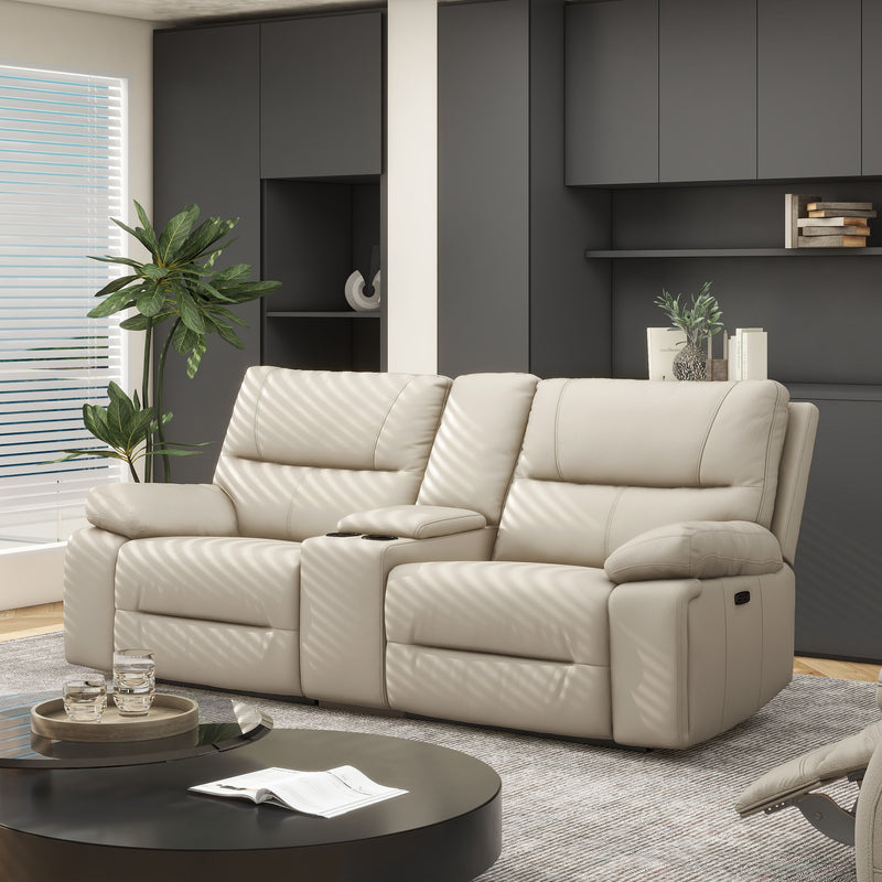 Malibu - Modern Power Motion 3 Piece Reclining Loveseat Sofa With Cup Holders - Cream Taupe Beige