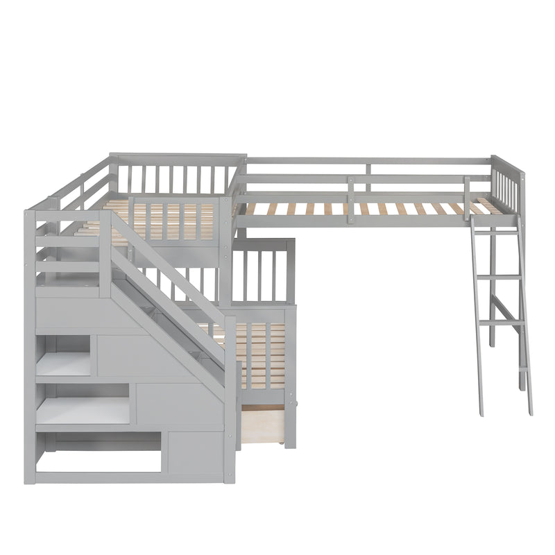 Twin over Full L-Shaped Bunk Bed With 3 Drawers, Ladder and Staircase - Gray