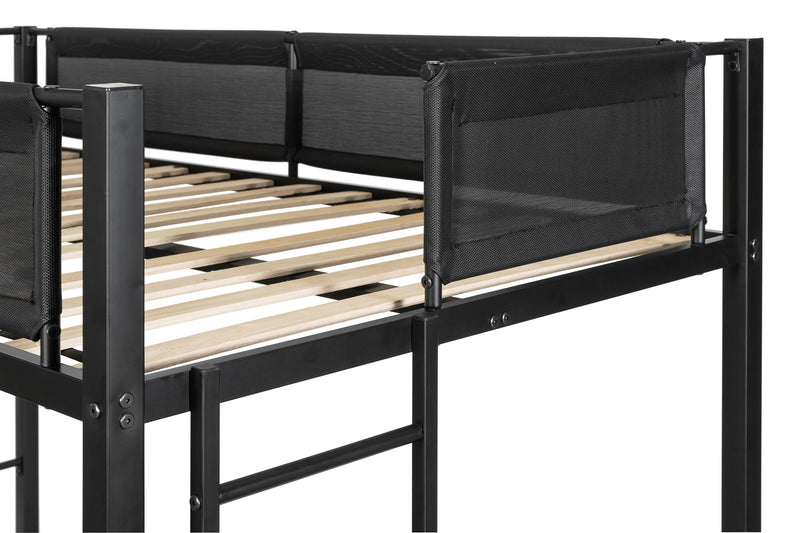 Metal Twin Over Twin Bunk Bed With Trundle/ Sturdy Metal Frame/ Noise Free Wood Slats/ Comfortable Textilene Guardrail/ 2 Side Ladders/ Space Saving Trundle/ Bunk Bed For Three/ No Box Spring Needed - Black