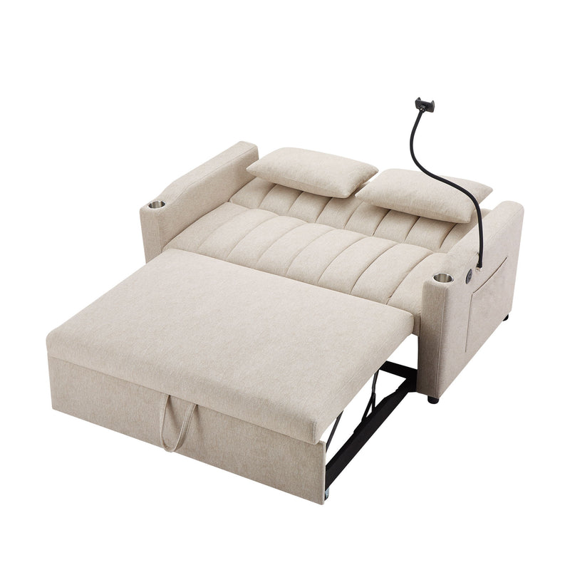 Convertible Sofa Bed Loveseat Sofa With Three USB Ports, Two Side Pockets, Two Cup Holders And 360° swivel Phone Holder For Living Room