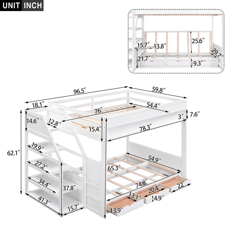 Wood Full Size Convertible Bunk Bed with Storage Staircase, Bedside Table, and 3 Drawers, White