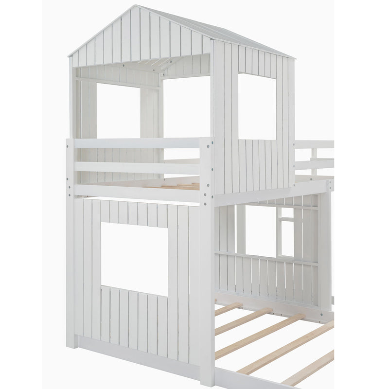 Wooden Twin Over Full Bunk Bed, Loft Bed With Playhouse, Farmhouse, Ladder And Guardrails - White