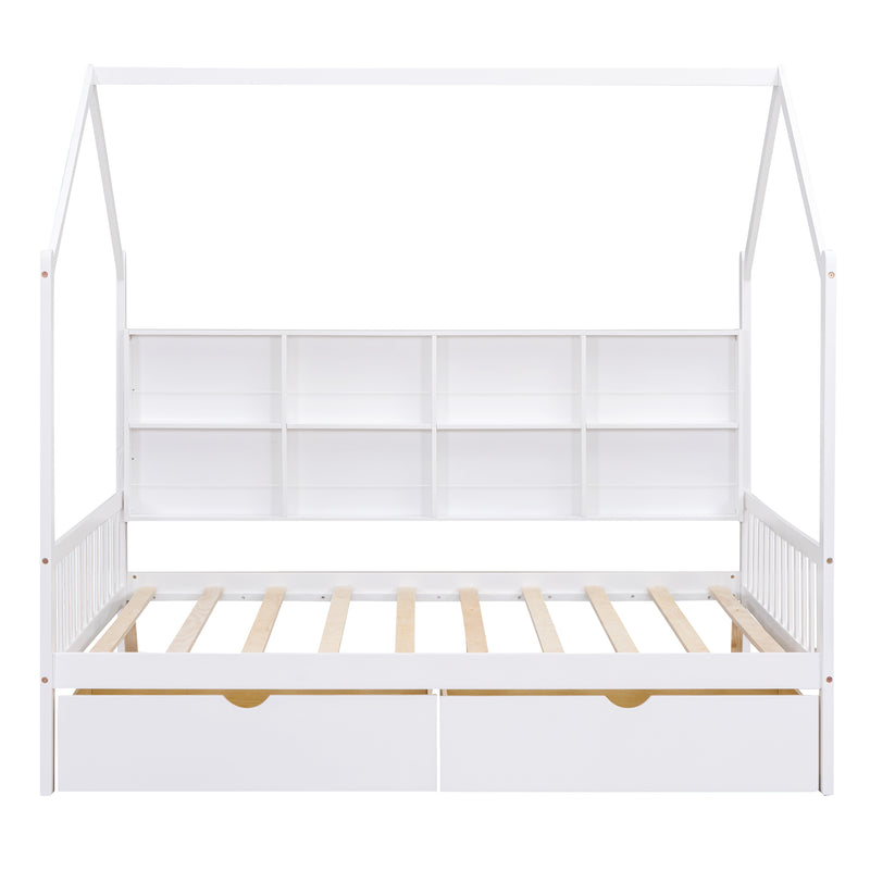 Wooden Full Size House Bed with 2 Drawers,Kids Bed with Storage Shelf, White(Expected Arrival Time: 5.15)