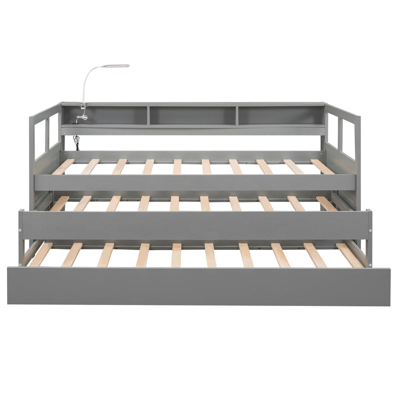 Twin XL Wood Daybed with 2 Trundles, 3 Storage Cubbies, 1 Light for Free and USB Charging Design, Gray