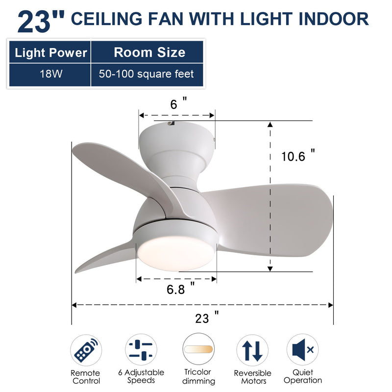 23" Bedroom Ceiling Fan With 3 Color Dimmable 3 ABS Blades Remote Control Dc Motor Black With 18W Led Light