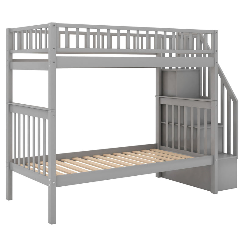 Twin Over Twin Bunk Bed With Trundle And Storage - Gray