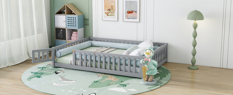 Queen Size Bed Floor Bed with Safety Guardrails and Door for Kids, Gray