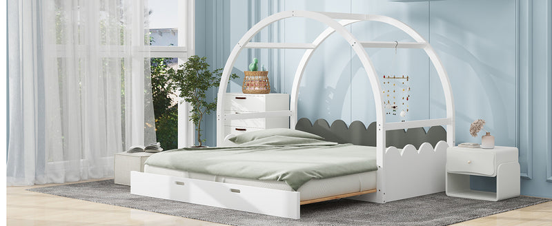 Twin size stretchable vaulted roof bed, children's bed pine wood frame, white+gray