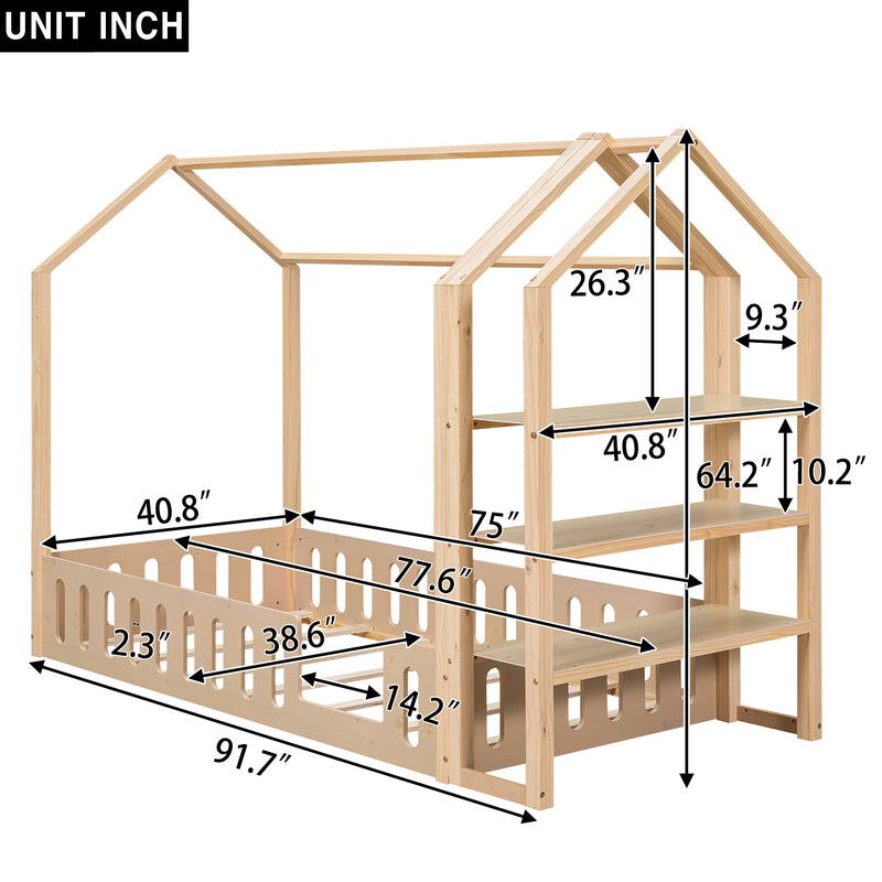 Twin Size Wood House Bed with Fence and Detachable Storage Shelves, Natural