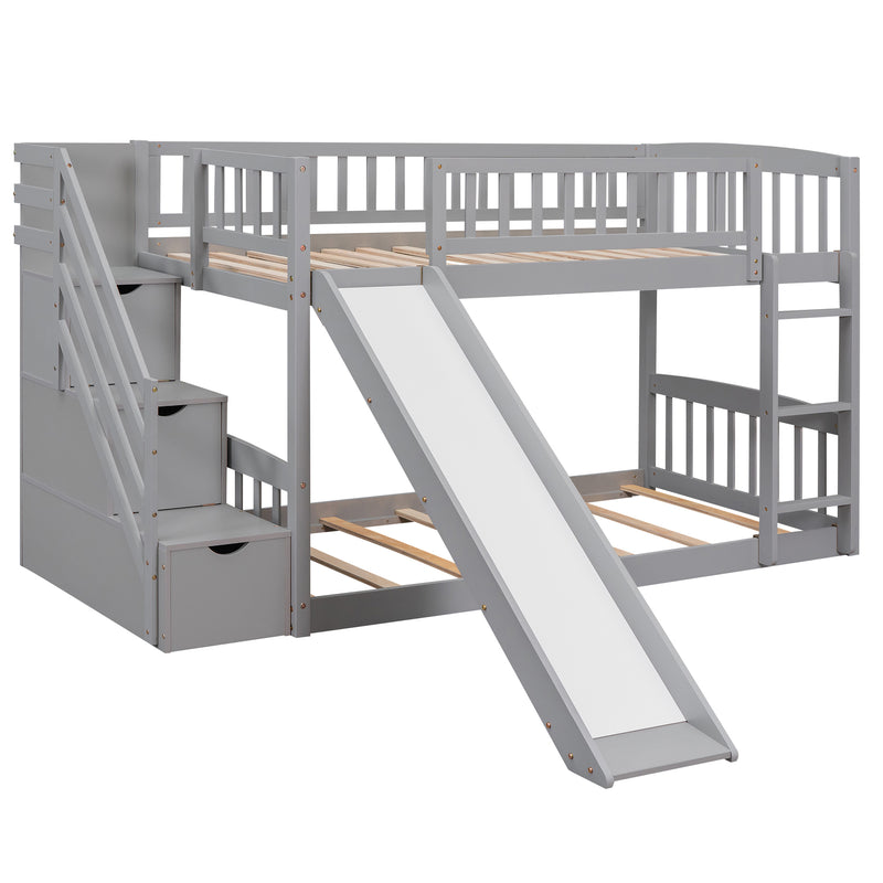 Stairway Twin over Twin Bunk Bed with Two Drawers and Slide, Gray(OLD SKU :LT000155AAE)