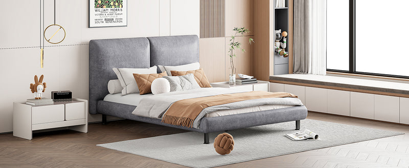 Queen Size Upholstered Platform Bed with Two Large Headrests and Thick Fabric, Polyester, Gray