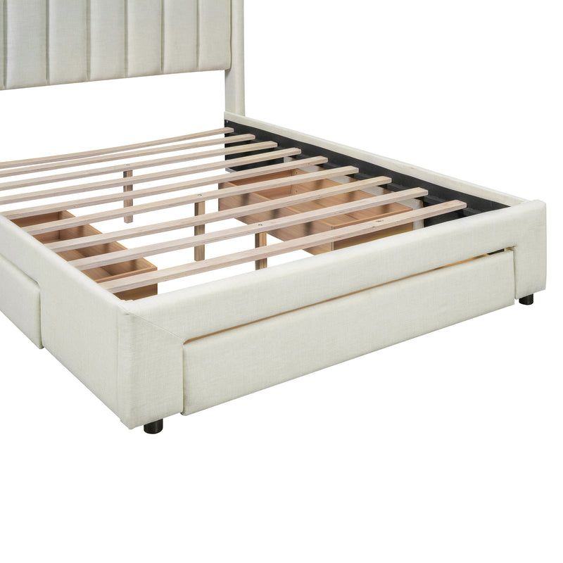 Queen Size Upholstered Platform Bed with One Large Drawer in the Footboard and Drawer on Each Side,Beige